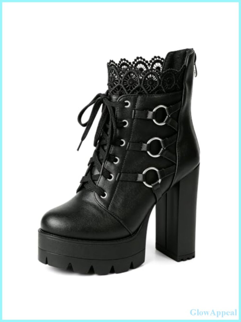 Goth Platform Combat Ankle Boots Women High Heel Buckle Lace PU Leather Zip